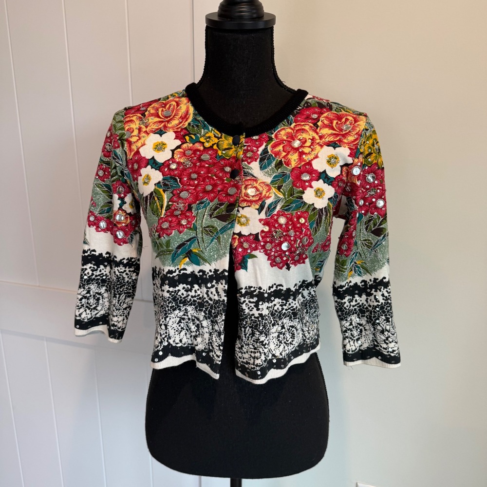 Twin-Set Simona Barbieri Floral Sequin Cropped Cardigan Sweater Small Multicolor